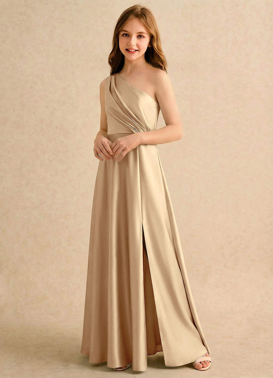 Azazie Puddles Girls Formal Robe Demoiselle D'honneur Fillette Robe Trapèze en Satin extensible Une épaule Champagne image3