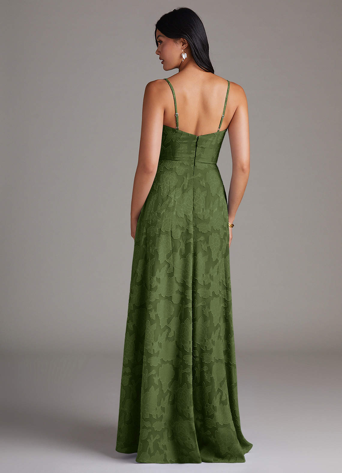 Azazie Moira Vestidos de madrinha de casamento Vestido Oliva de Esgotamento Floral de Linha A com Racha Lateral image1