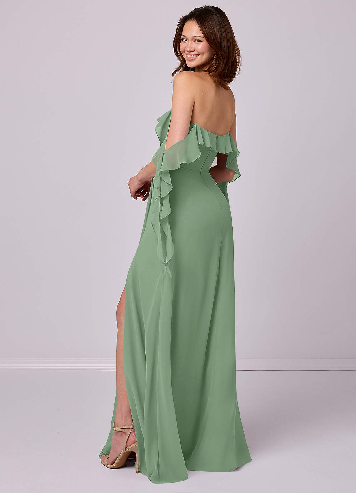 Barbie ♥ Azazie Bridesmaid Dresses Matcha A-Line Off the Shoulder Chiffon Convertible Dress image2