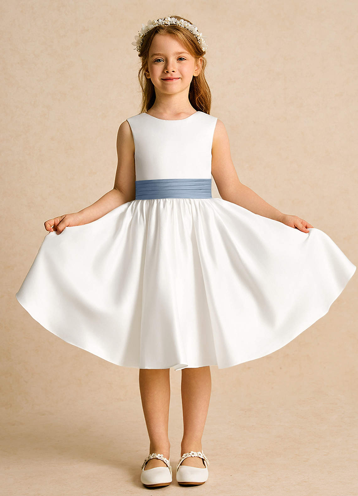 Azazie Sosie Flower Girl Dresses Ivory Dusty Blue A-Line Pleated Matte Satin Dress image1