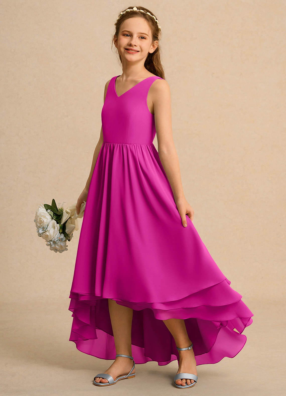 Azazie Kitten Girl vestidos de niña de las flores Vestido de Fucsia de Gasa de Corte En A image1