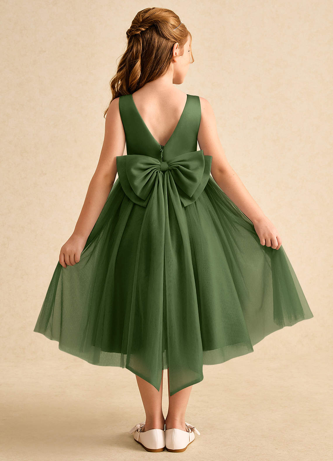 Azazie Winnie Flower Girl Dresses Olive Ball-Gown Bow Tulle Dress image1