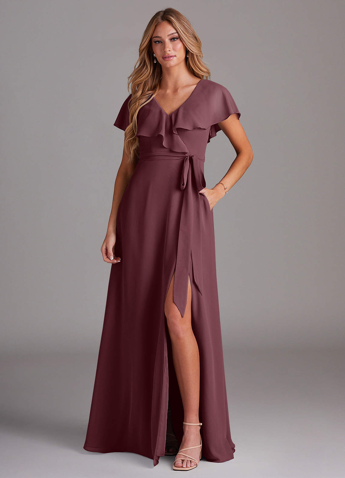 Azazie Lainey Bridesmaid Dresses Sangria A-Line with Pockets Chiffon Dress image1