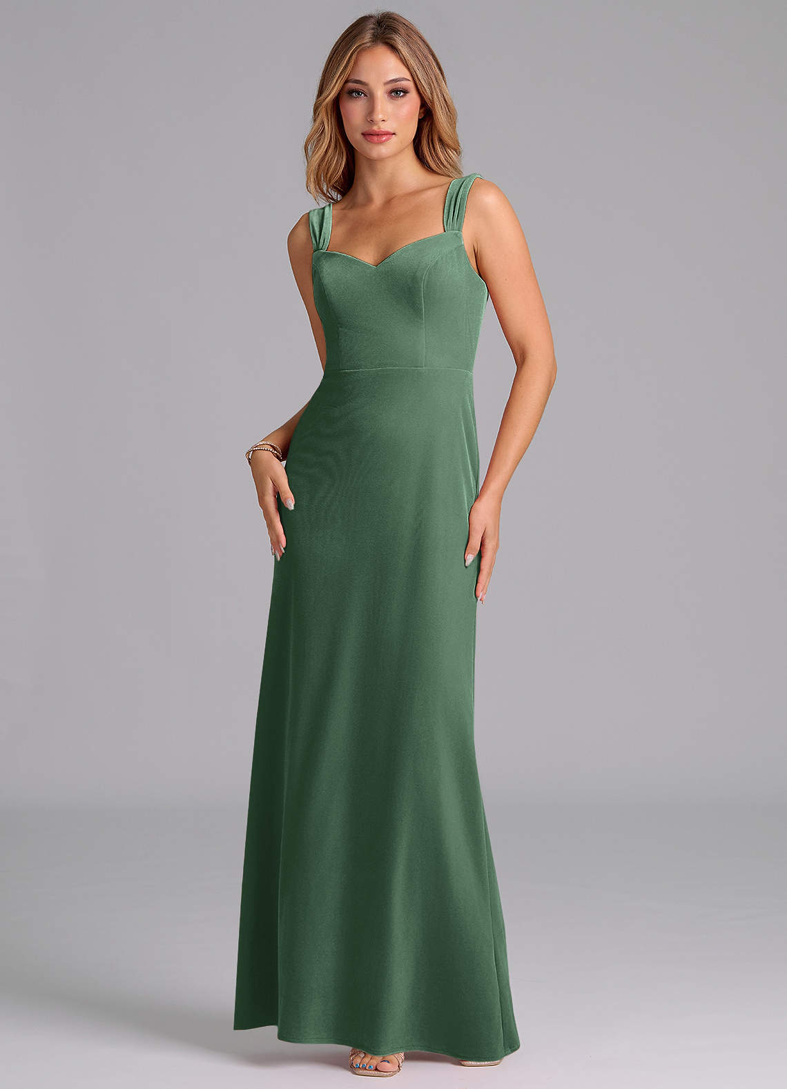 Azazie Denice Bridesmaid Dresses Eucalyptus Sheath Pleated Velvet Dress image1
