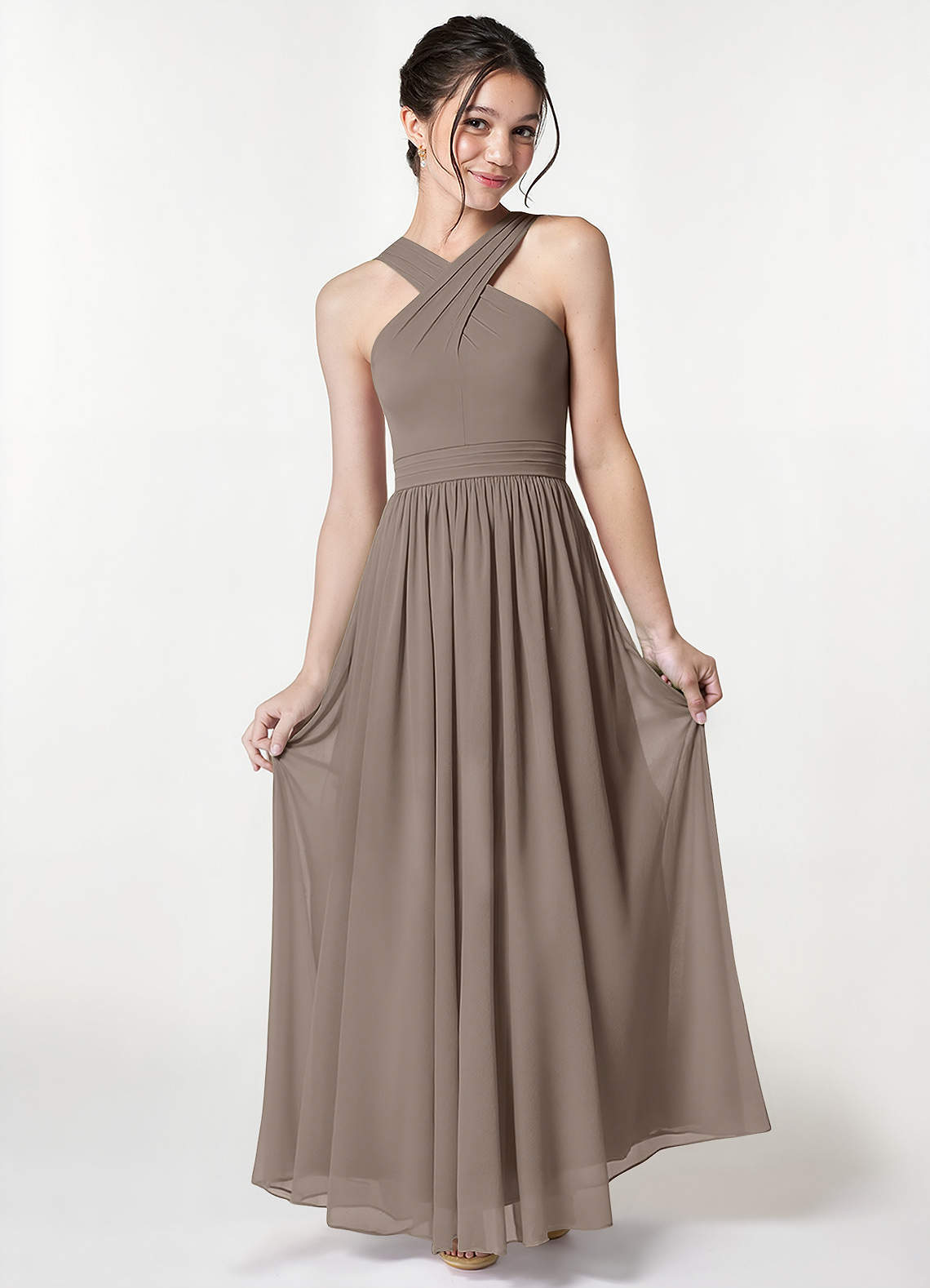Azazie Jiya Junior Taupe A-Line Pleated Mesh Dress image1
