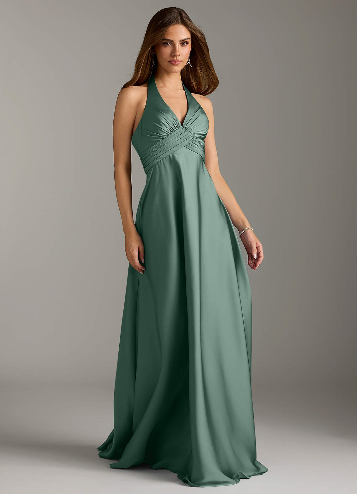 Azazie Tessie Bridesmaid Dresses Eucalyptus A-Line Pleated Stretch Satin Dress image1
