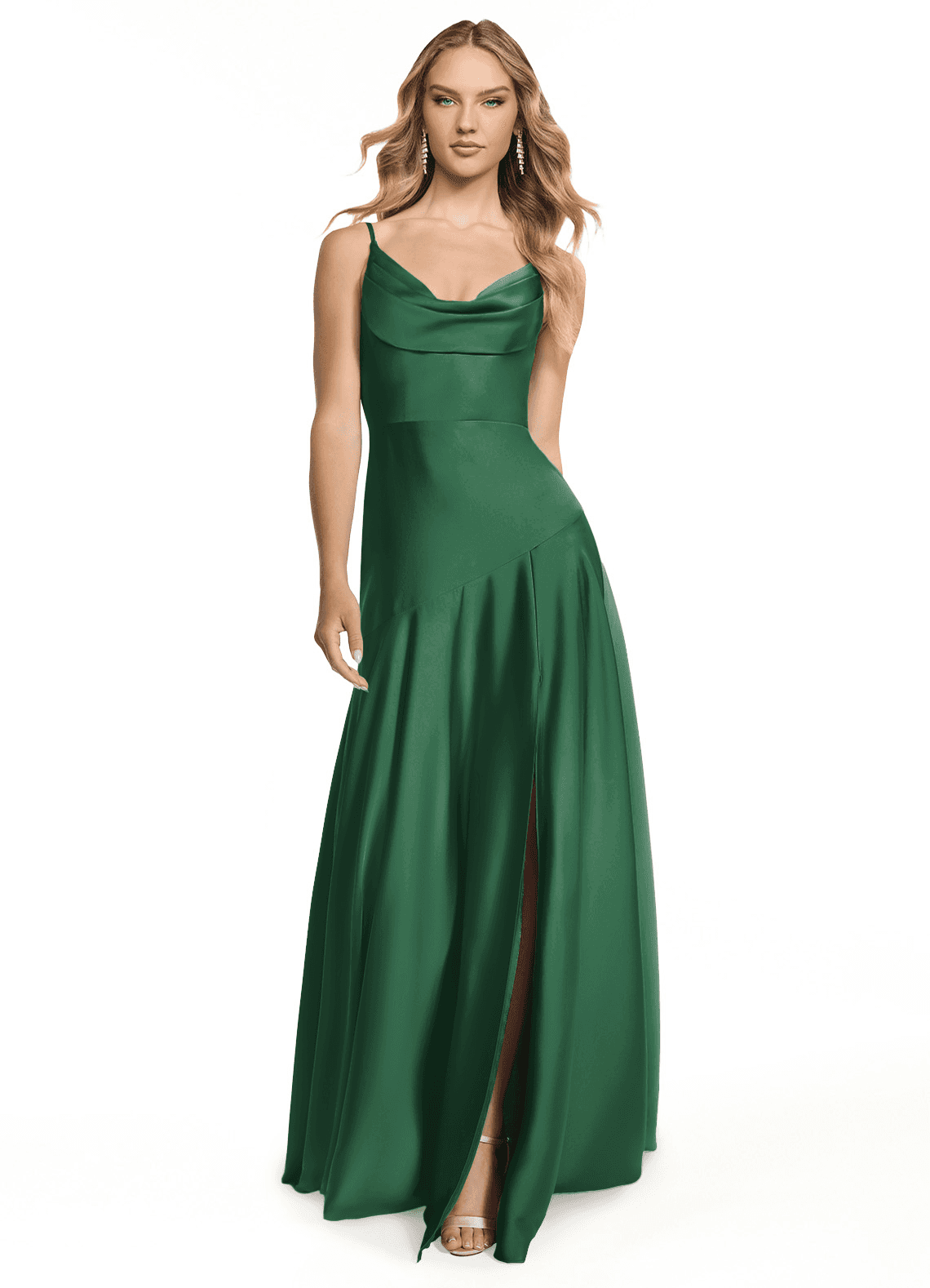 Azazie Kayla Vestidos de damas de honor Vestido de Verde Oscuro de Satén Elástico de Corte Recto con Corte Lateral image1