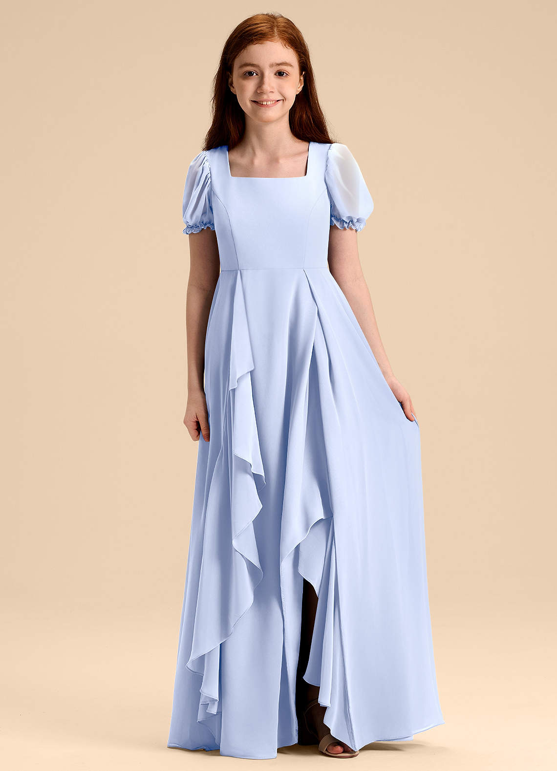 Azazie Priya Junior Abito A-Line in Chiffon Blusa Ghiaccio image1