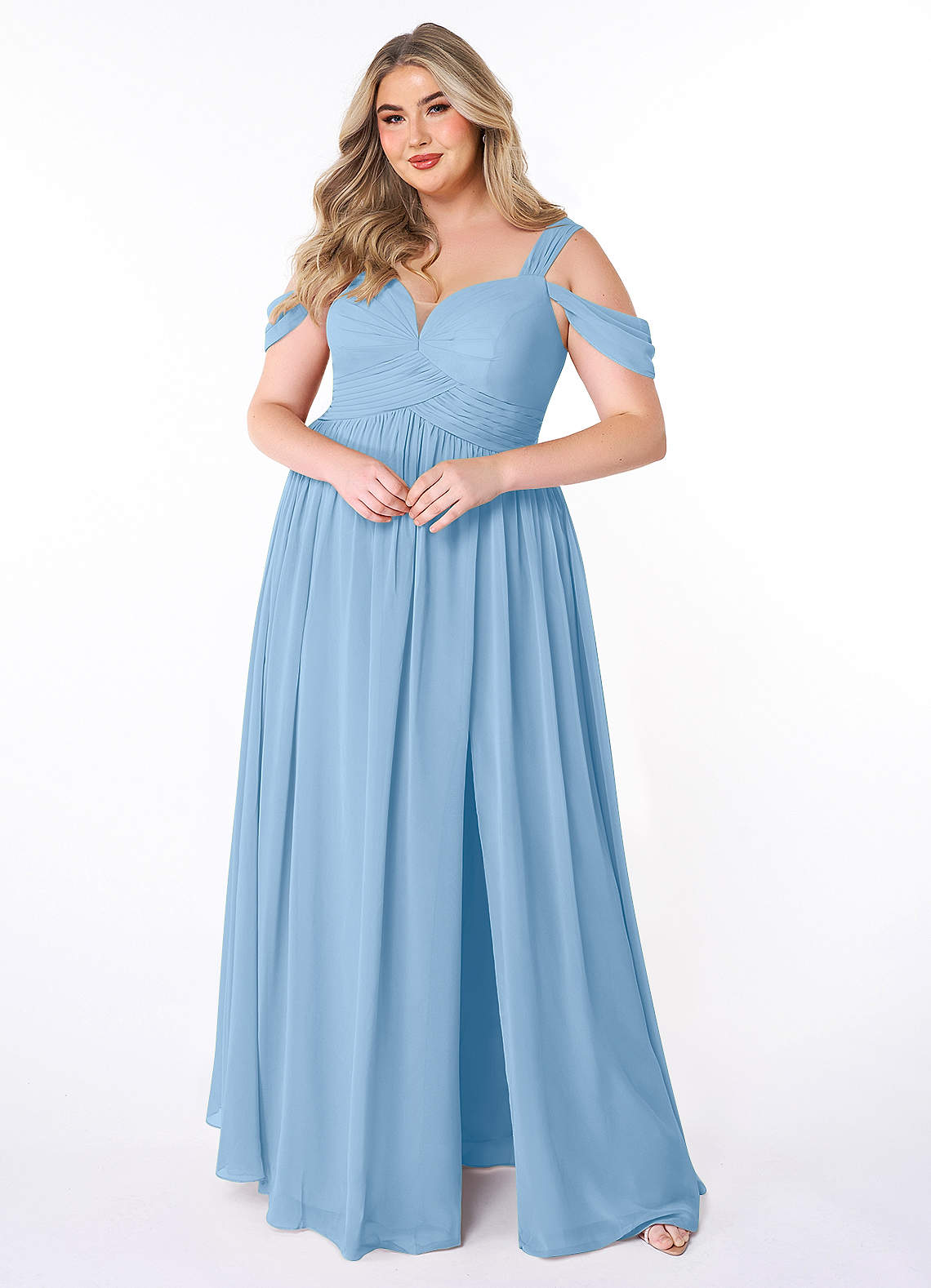 Azazie Lianne Bridesmaid Dresses Powder Blue A-Line Off the Shoulder Chiffon Dress image1