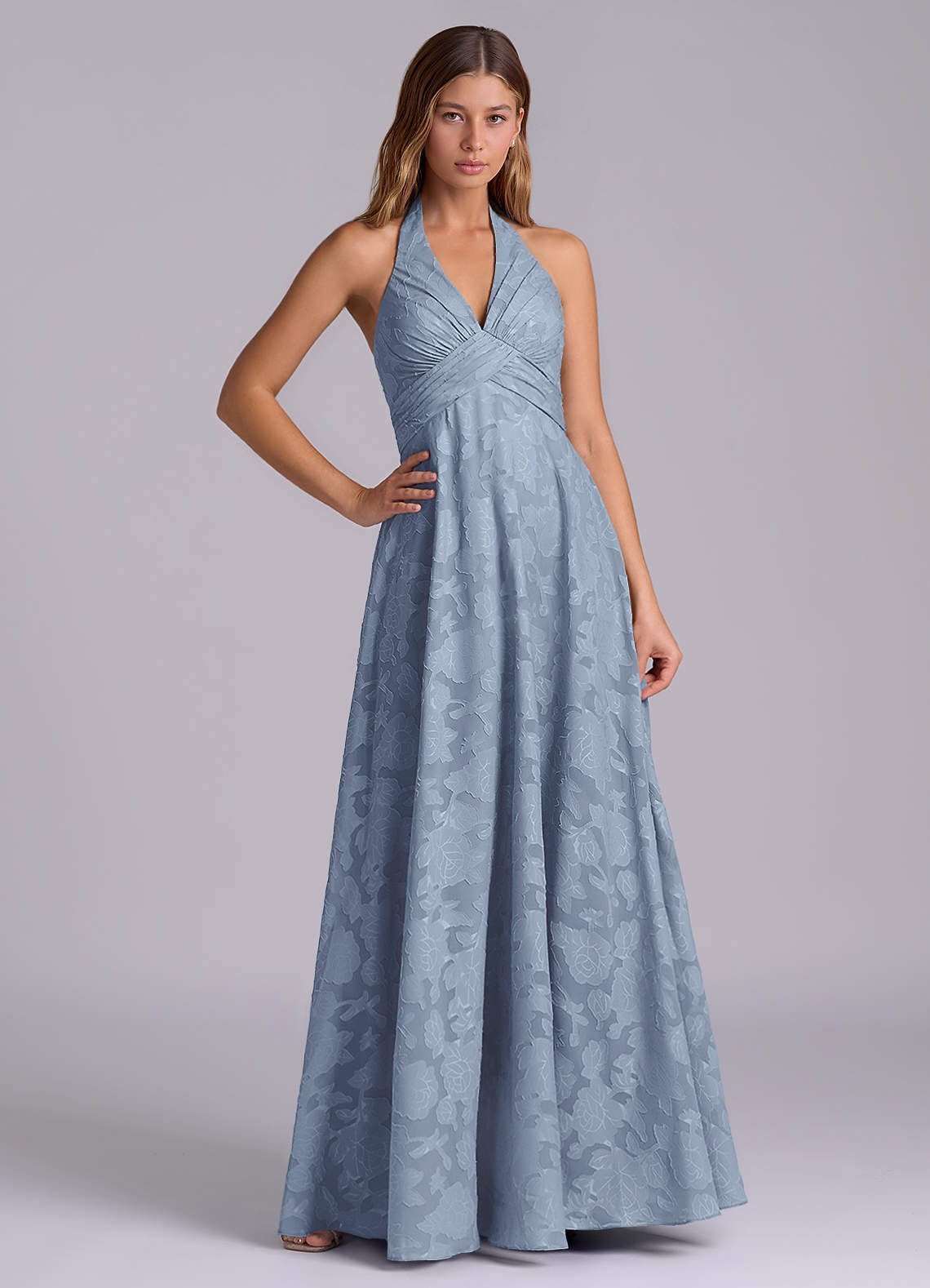 Azazie Tessie Dusty Blue Floral Burnout Bridesmaid Dresses