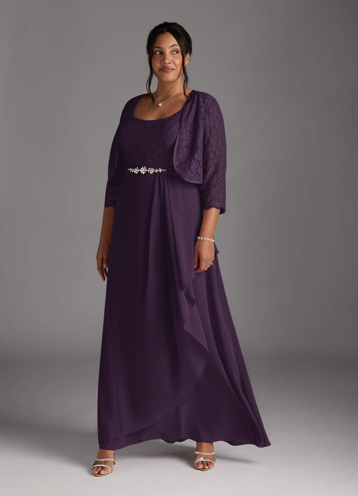 Azazie Ainsling Mother of the Bride Dresses Plum A-Line Square Neckline Lace Chiffon Dress image13
