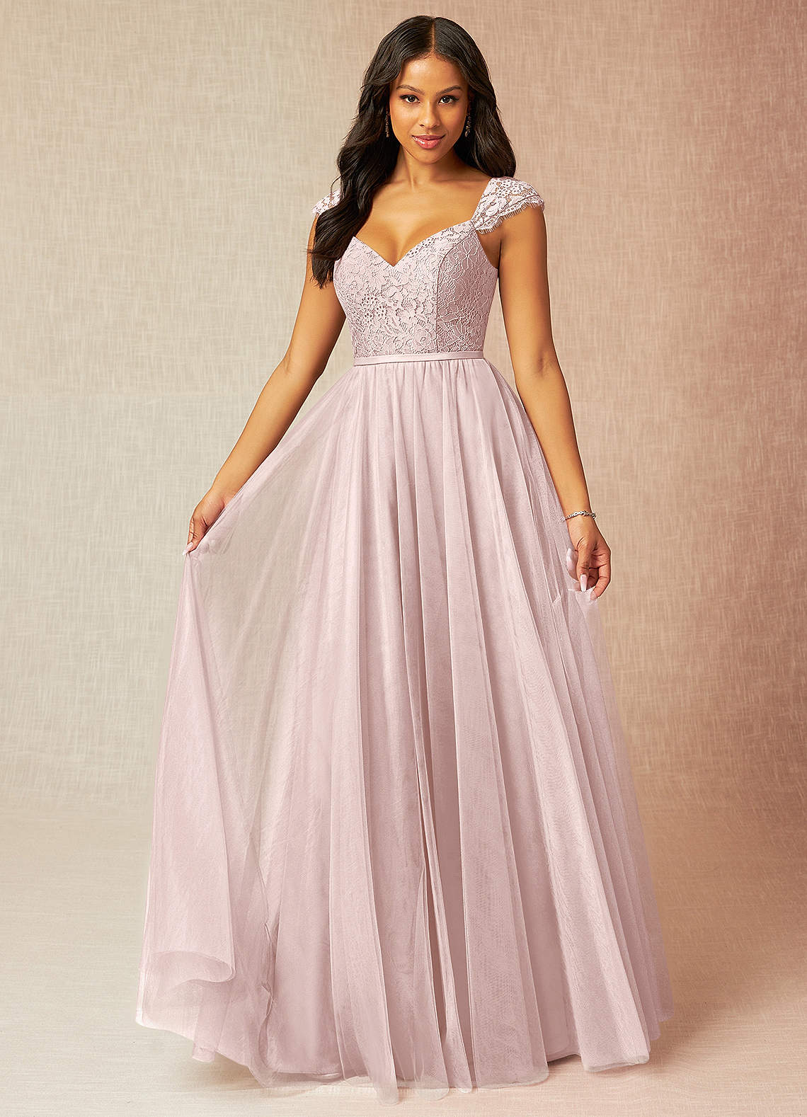 Azazie Luxi Robes de demoiselle d'honneur Robe Trapèze en Tulle Plissée Rose Pâle image1
