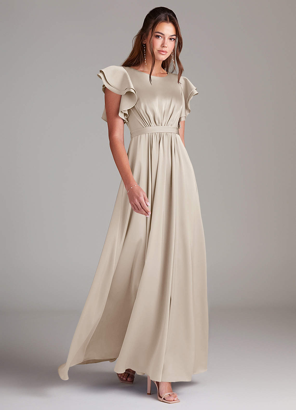 Azazie Daphne Modest Bridesmaid Dresses A-Line Ruched Stretch Satin Floor-Length Dress image2