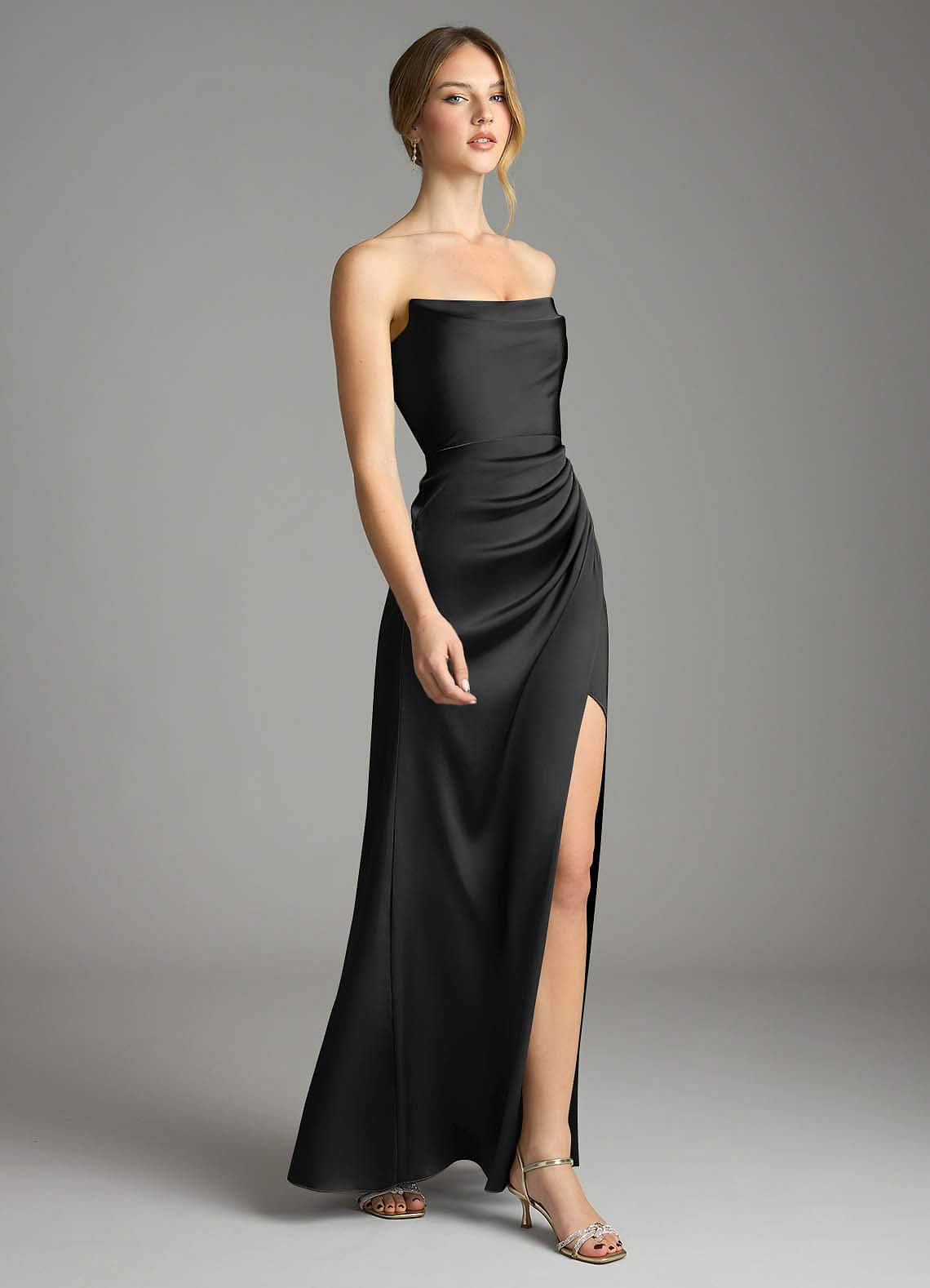 Azazie Leonis Bridesmaid Dresses Black Mermaid Pleated Stretch Satin Convertible Dress image5