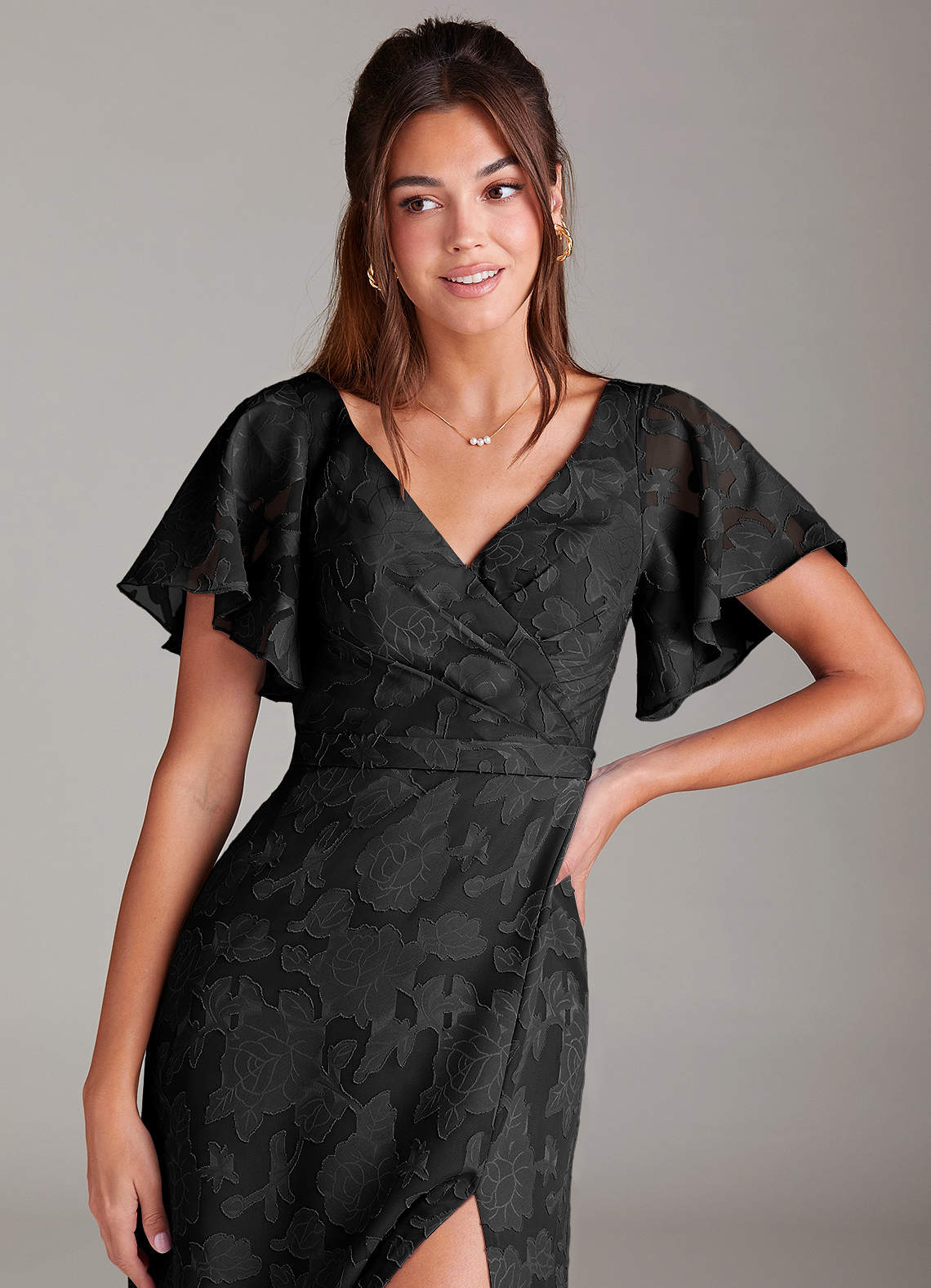 Azazie Ambrosia Bridesmaid Dresses Black A-Line Pleated Floral Burnout Dress image4