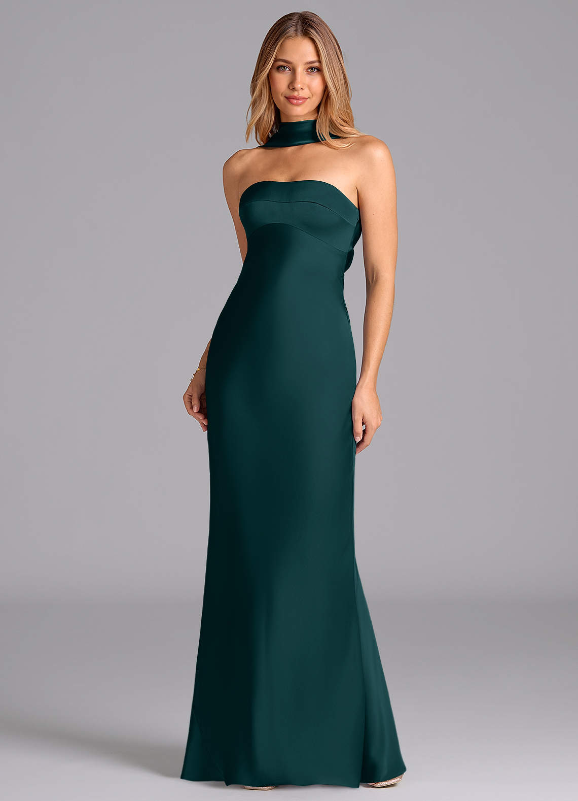Azazie Lusinda Vestidos de damas de honor Vestido de Pino de Satén Elástico de Corte Sirena con Sin tirantes image3