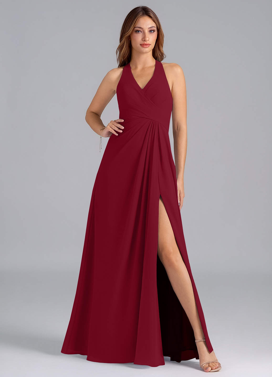 Azazie Dorota Bridesmaid Dresses Burgundy A-Line Pleated Chiffon Dress image1