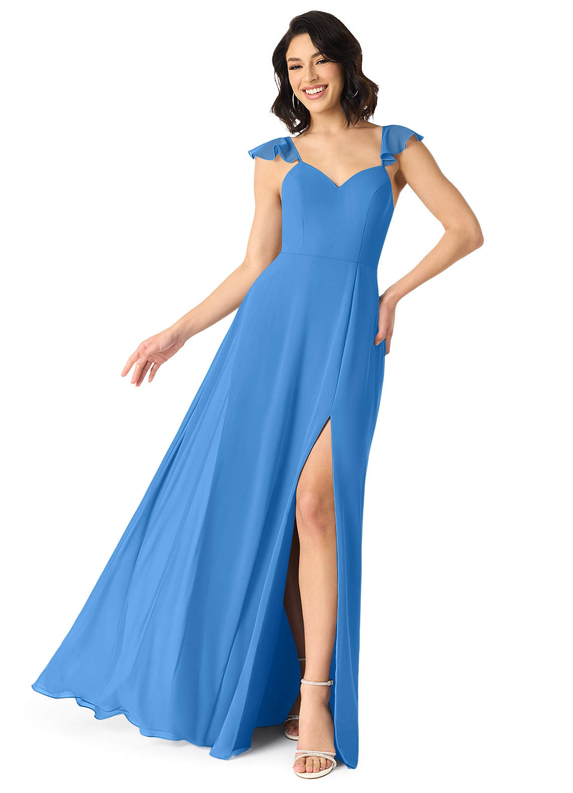 Azazie Everett Jurken voor bruidsmeisjes Jurk van Chiffon met A-Lijn V-hals Gerimpeld Blauwe Gaai image1
