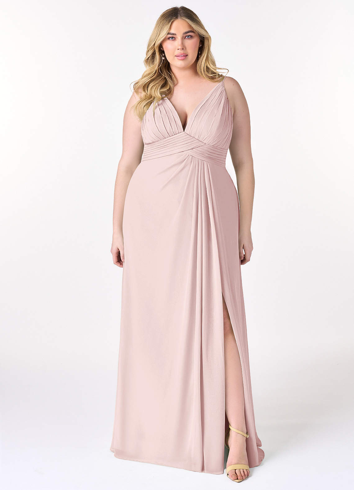Azazie Maren Allure At-home Try On Dresses Blushing Pink A-Line V-Neck Lace Chiffon Dress image5