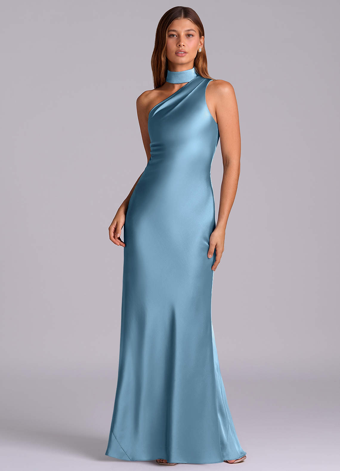 Azazie Seona Brautjungfernkleider Meerjungfrau-Linie One-Shoulder Stretch-Satin Kleid Stahlblau image1