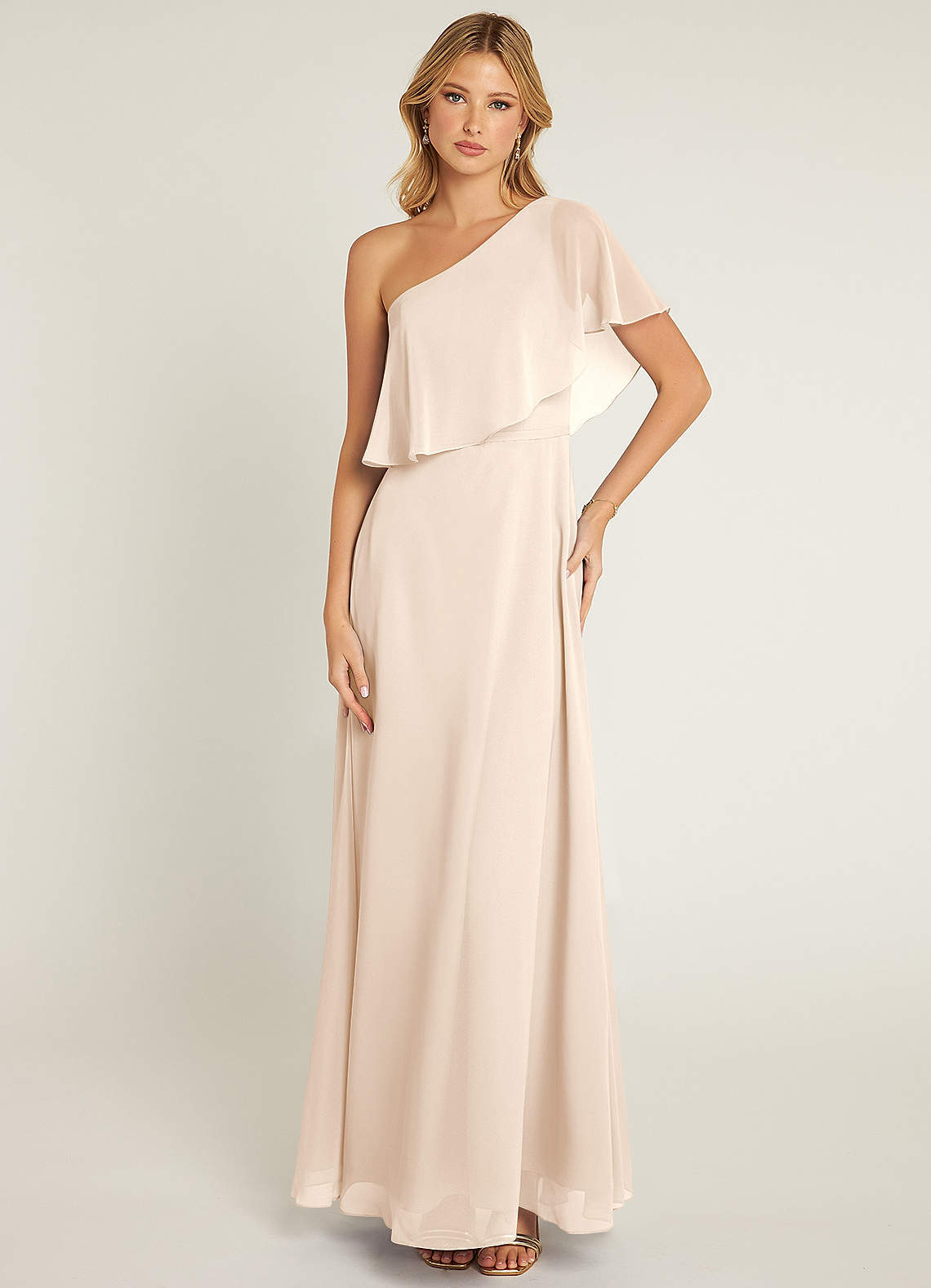Azazie Lizzy Bridesmaid Dresses White Alabaster A-Line One Shoulder Chiffon Dress image1