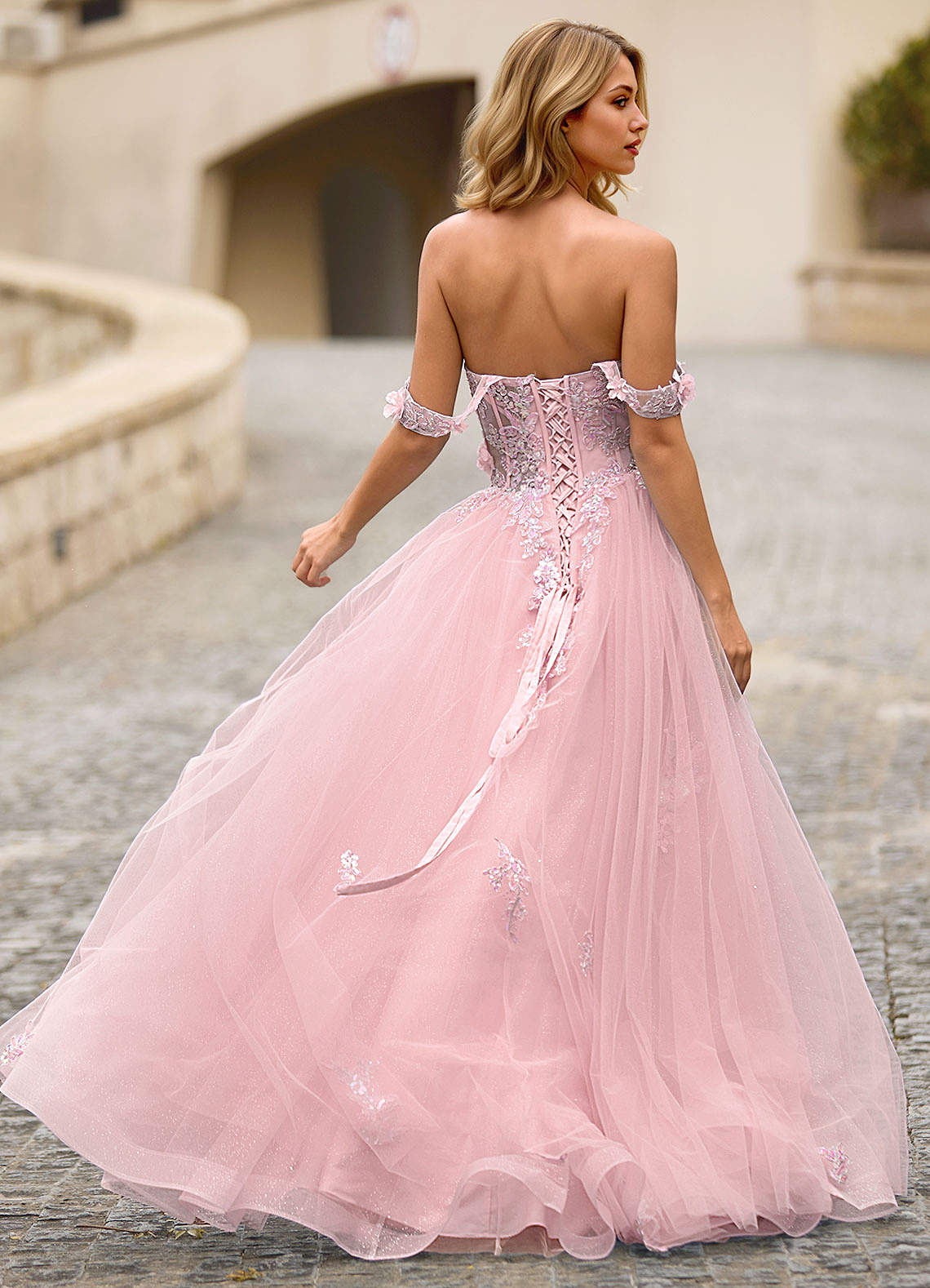 Eleanor Pink 3D Floral Lace Prom Dress | Azazie CA