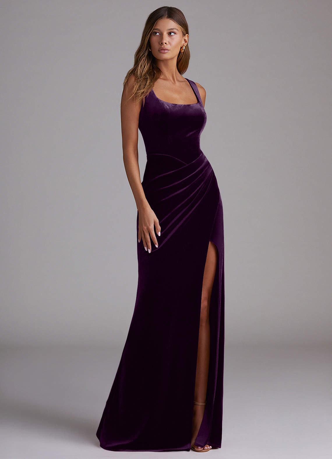 Azazie Mero Bridesmaid Dresses Grape Mermaid Pleated Velvet Dress image4