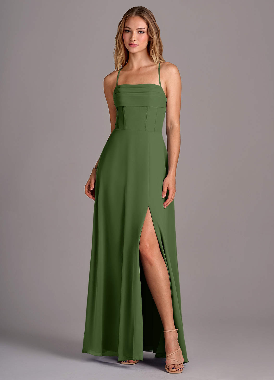 Azazie Carolyn Bridesmaid Dresses Olive A-Line Pleated Chiffon Dress image1