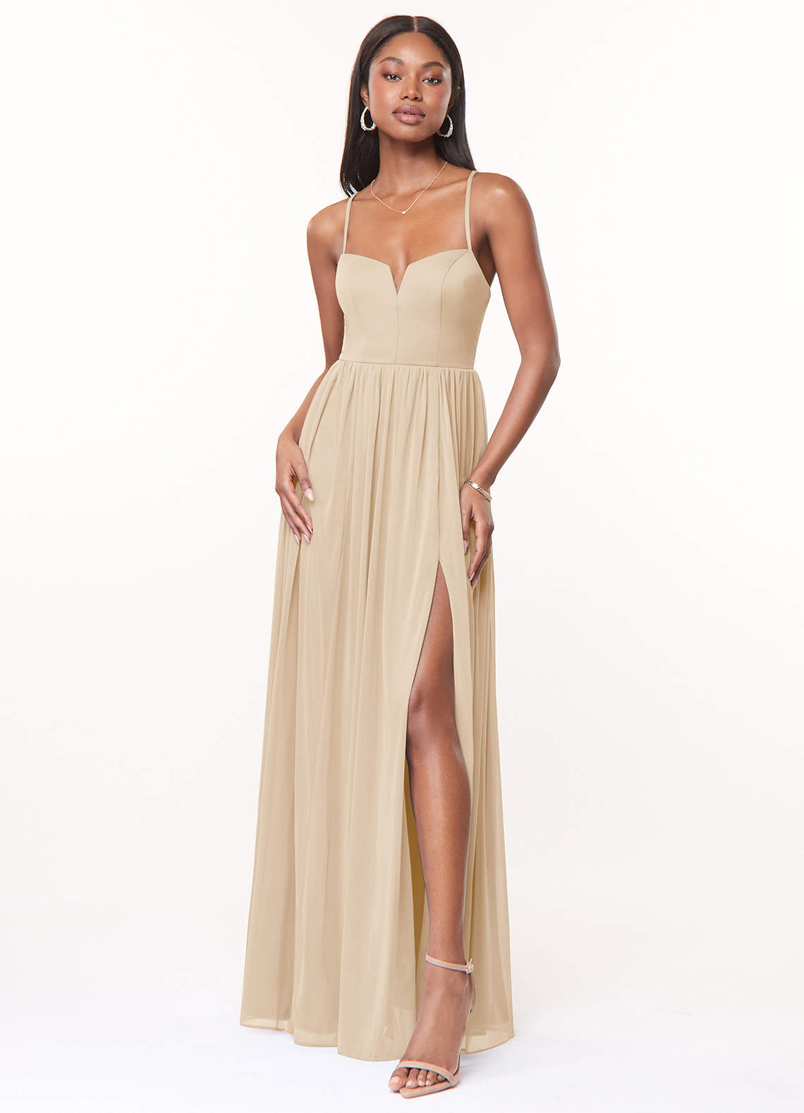 Azazie Marsol Bridesmaid Dresses Champagne A-Line Corset Mesh Dress image1