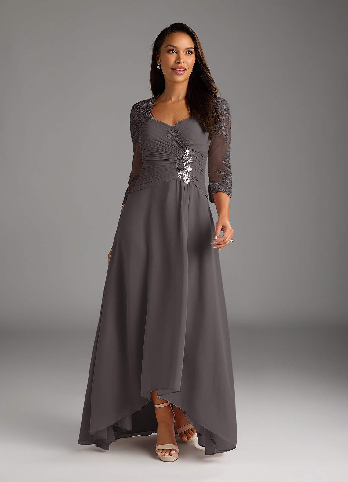 Azazie Devereaux Mother of the Bride Dresses Steel Grey A-Line Lace Chiffon Dress image1