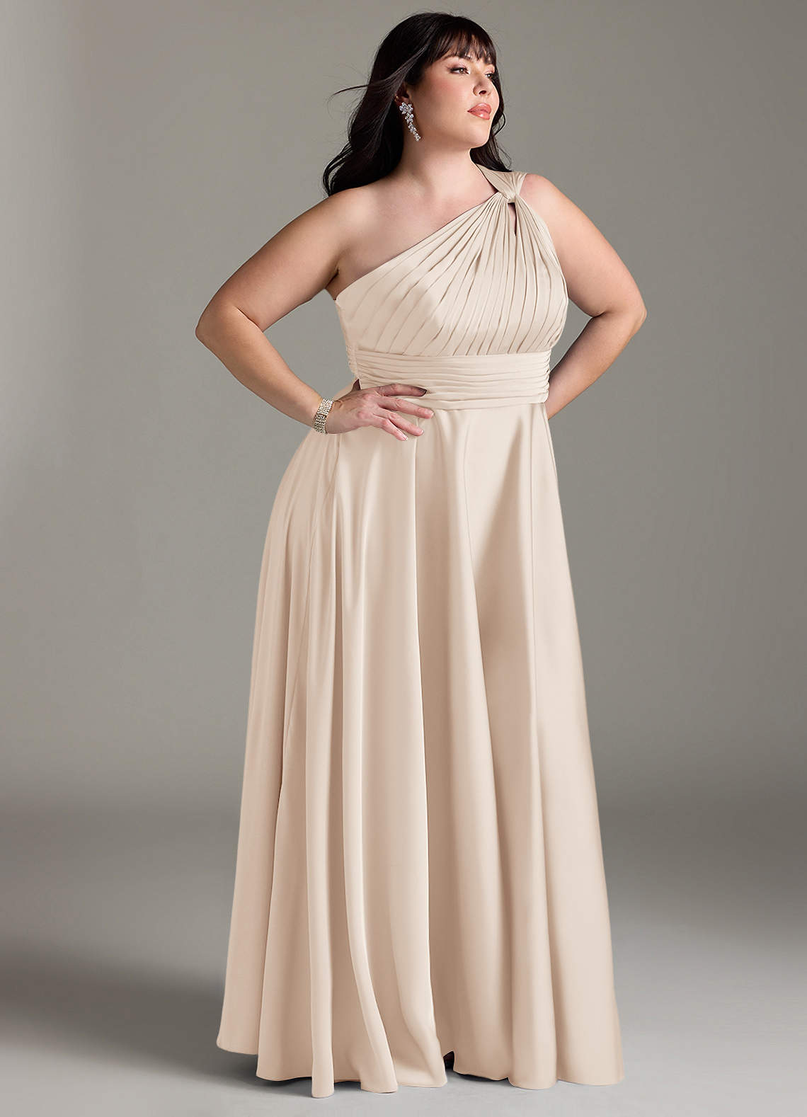 Azazie Charlize Vestidos de damas de honor Vestido de Alabastro Blanco de Satén Elástico de Corte en A con Hombro unilateral image11