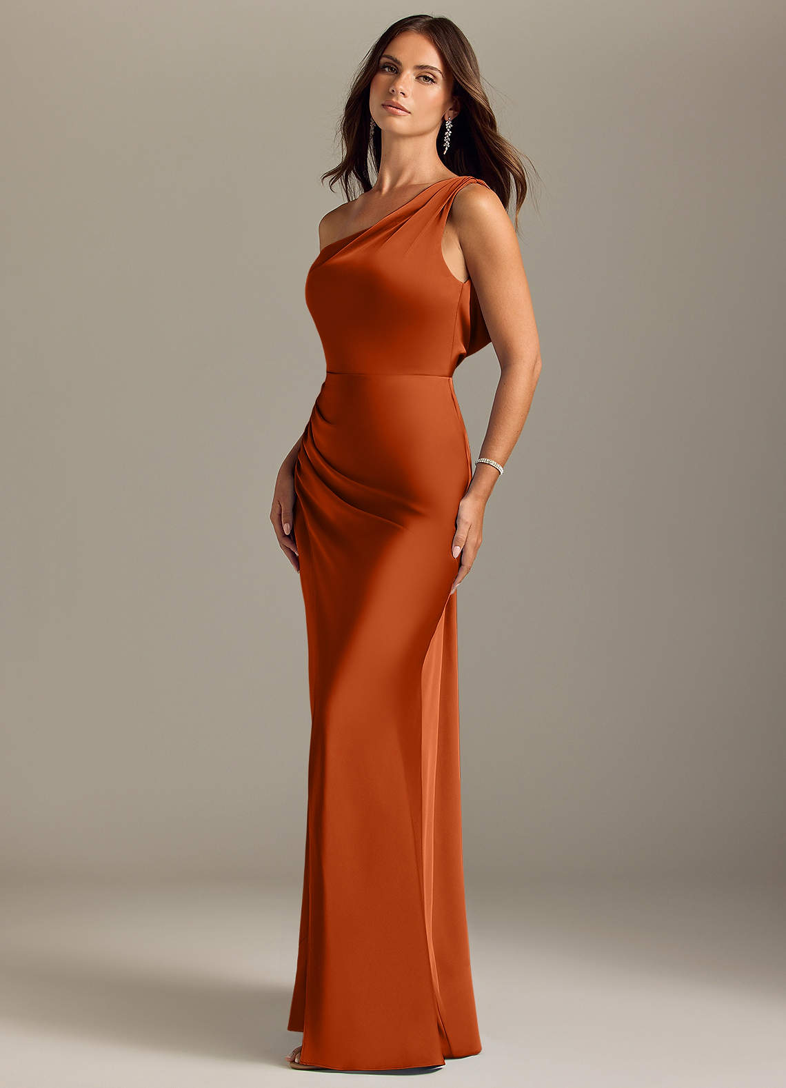 Azazie Madelyn Bridesmaid Dresses Burnt Orange Mermaid Off the Shoulder Stretch Satin Convertible Dress image2
