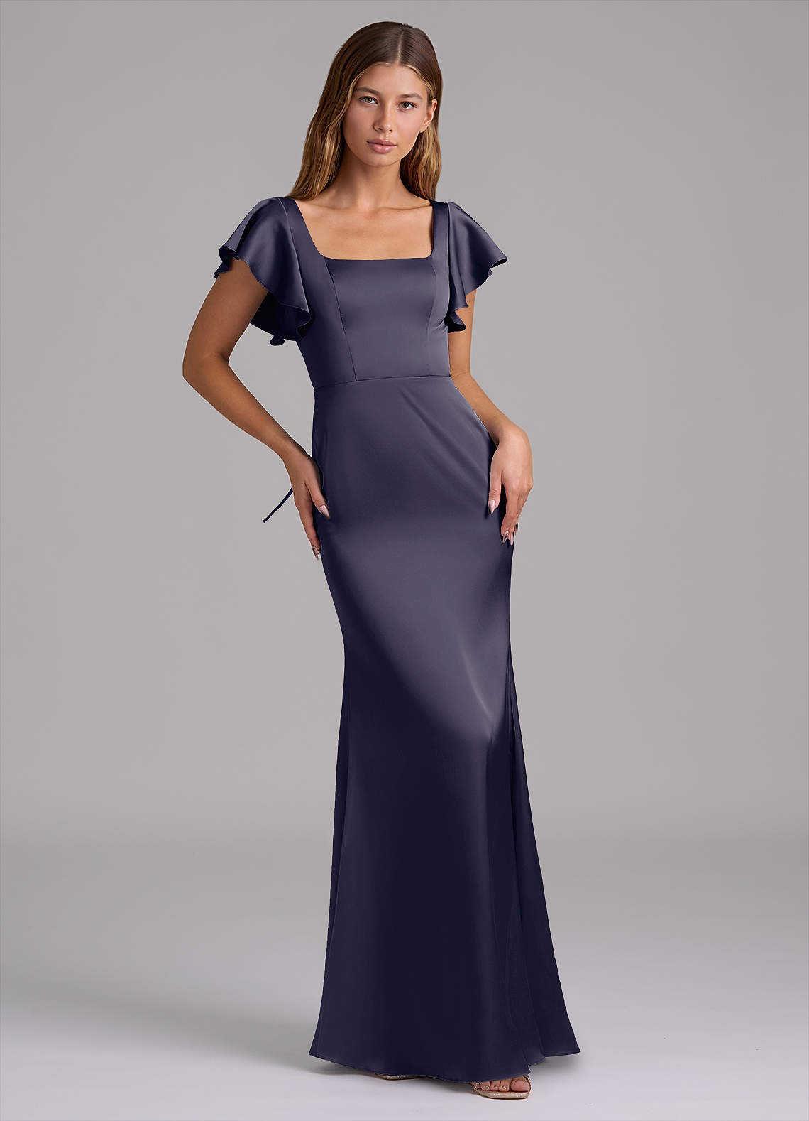 stormy grey bridesmaid dresses Stormy Bridesmaid Dresses Chic Bateau Neckline Ruffle Short Sleeves Sheath/Column Chiffon Bridesmaid Dress with Slit