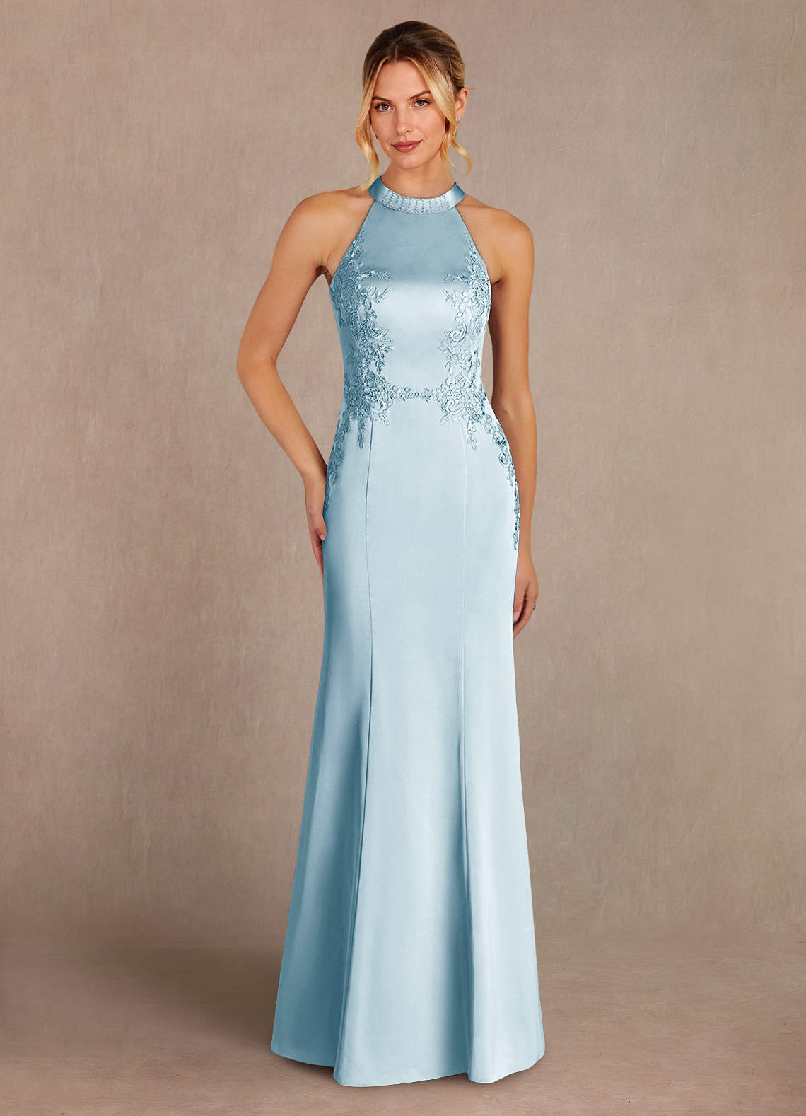 Azazie Tyra Abiti per la Madre della Sposa Abito Sirena in Raso Elasticizzato Pizzo Azzurro image1