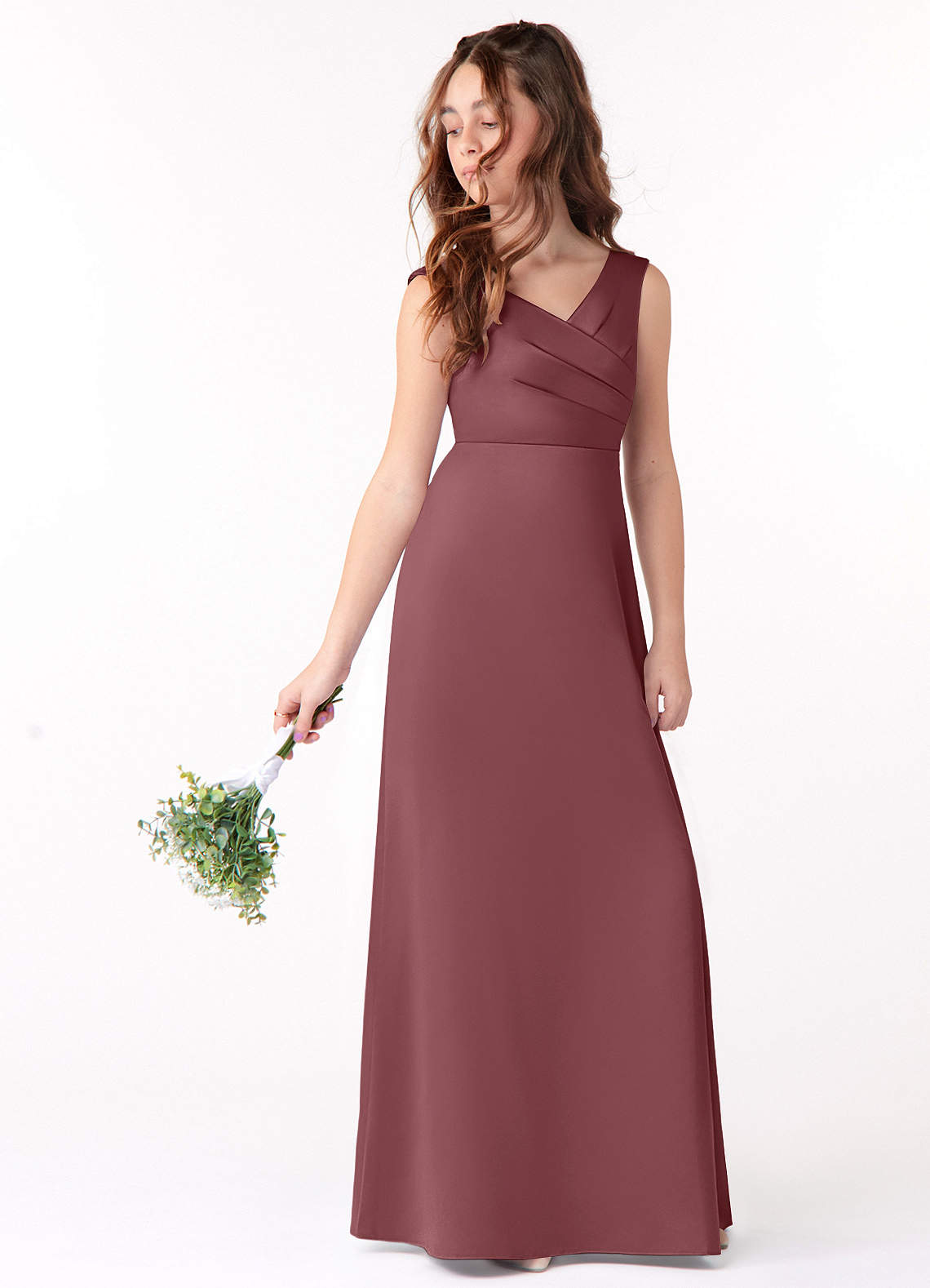 Azazie Sadia Vestido de Rosa Del Desierto de Satin Mate de Acampanado con Plisado image1