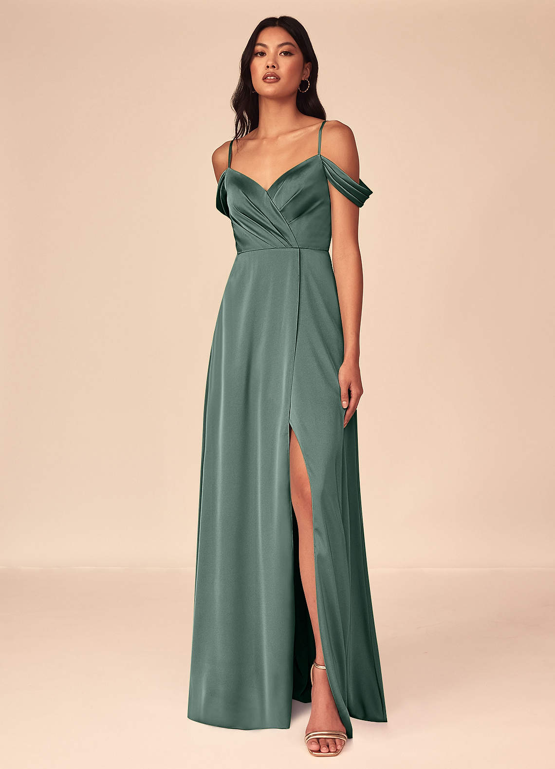 Azazie Ocean Brautjungfernkleider A-Linie V-Hals Gefaltet Stretch-Satin Kleid Seemoos image1
