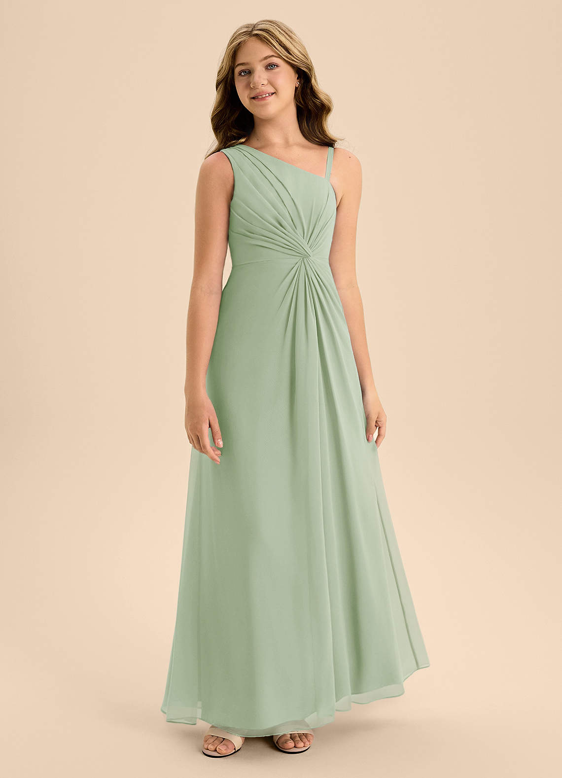 Azazie Brooke Junior Abito A-Line in Chiffon Spacco Laterale Verde Salvia image4