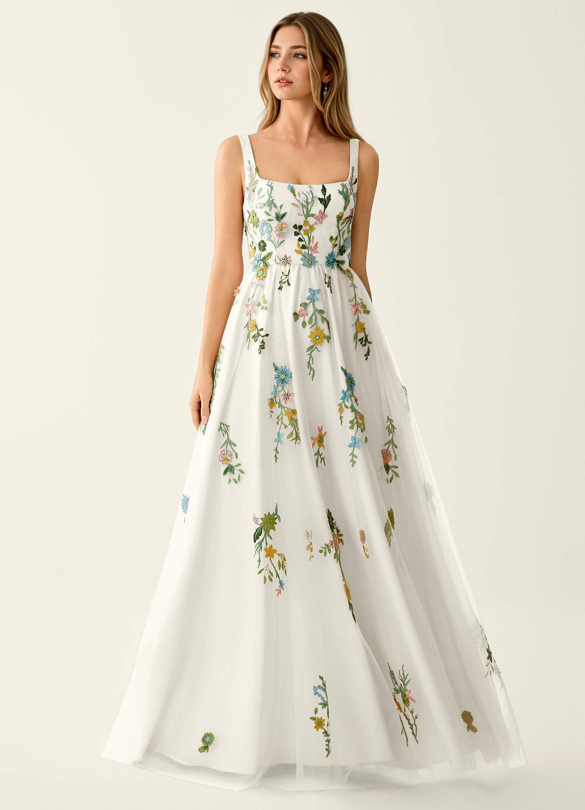 white prom dress with embroidered flowers Long A-Line Prom Dress with Floral Embroidery-PromGirl White / 12