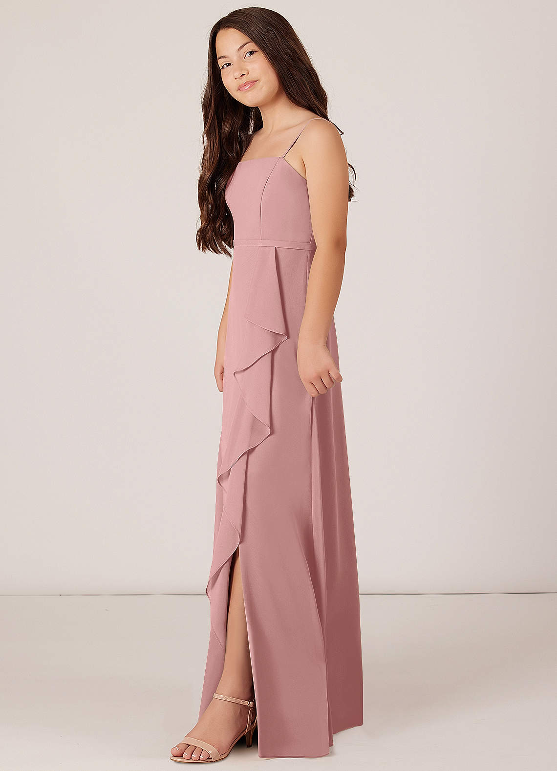 Azazie Kaylee Junior Dusty Rose A-Line with Belt Chiffon Dress image2