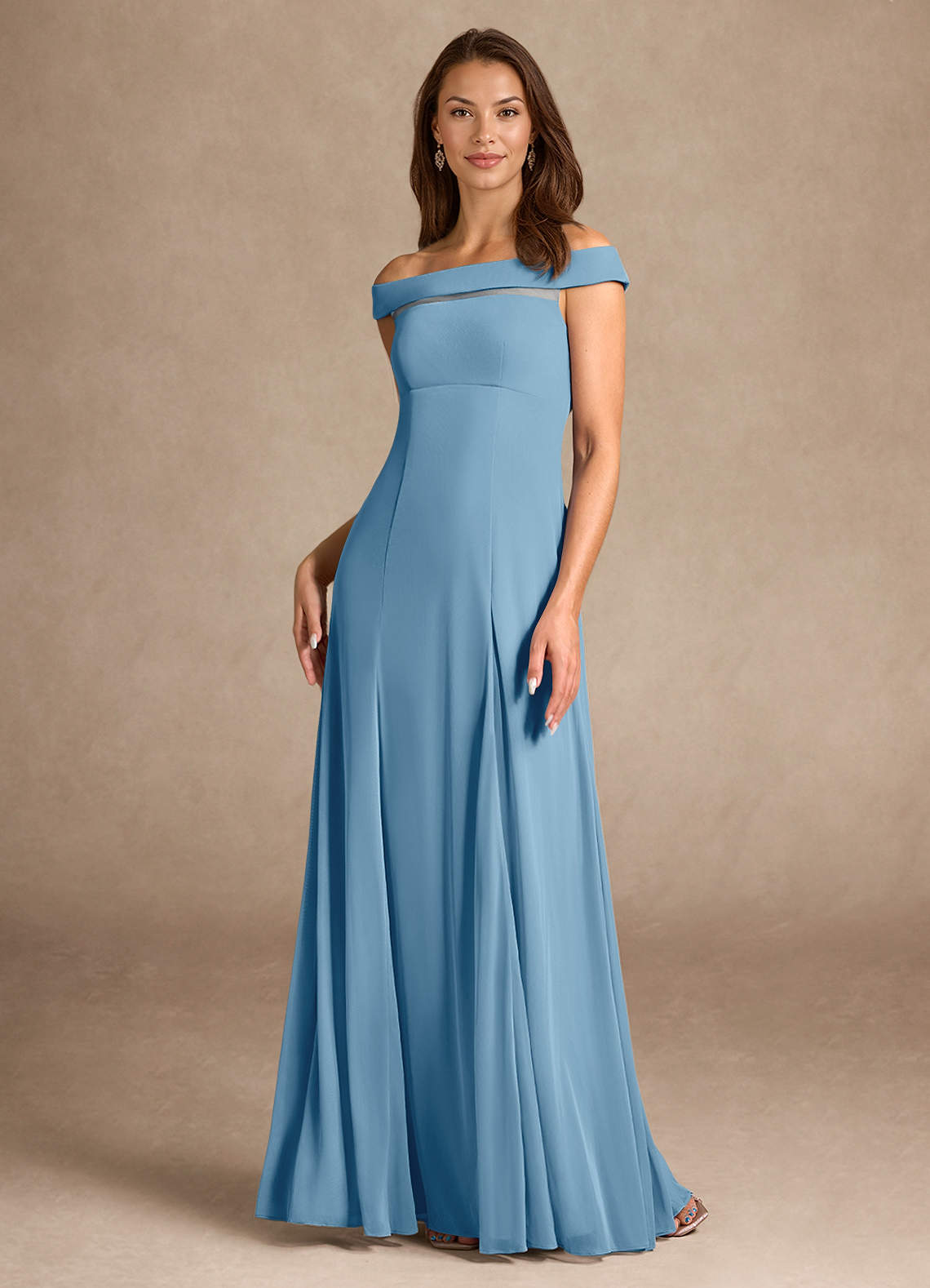 Azazie Ewa Mother of the Bride Dresses Steel Blue A-Line Off the Shoulder Mesh Dress image1