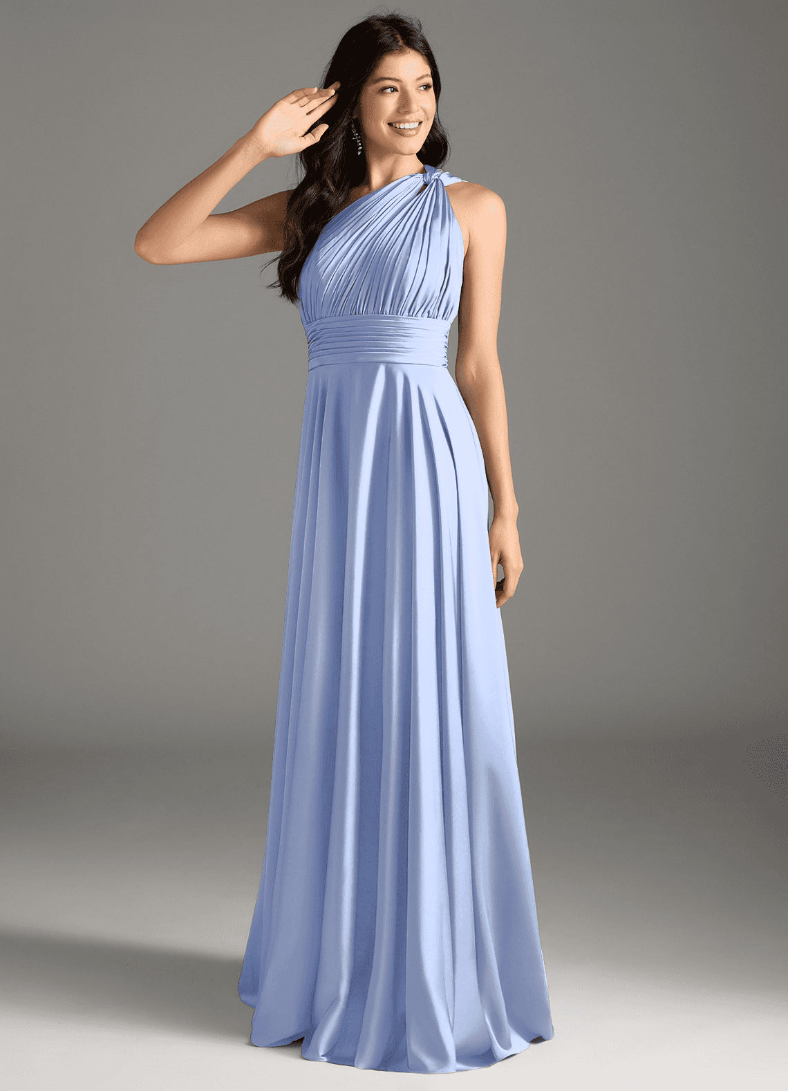 Azazie Charlize Robes de demoiselle d'honneur Robe Trapèze en Satin extensible Ue épaule Eis image1