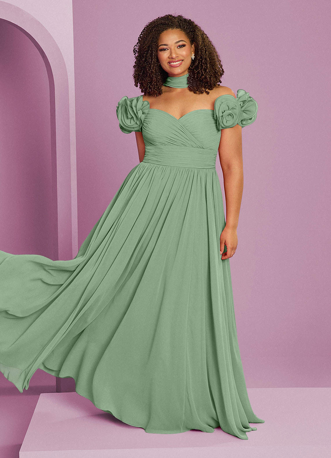 Barbie ♥ Azazie Jurken voor bruidsmeisjes Converteerbaar Jurk van Chiffon met A-Lijn Off the Shoulder Matcha image1