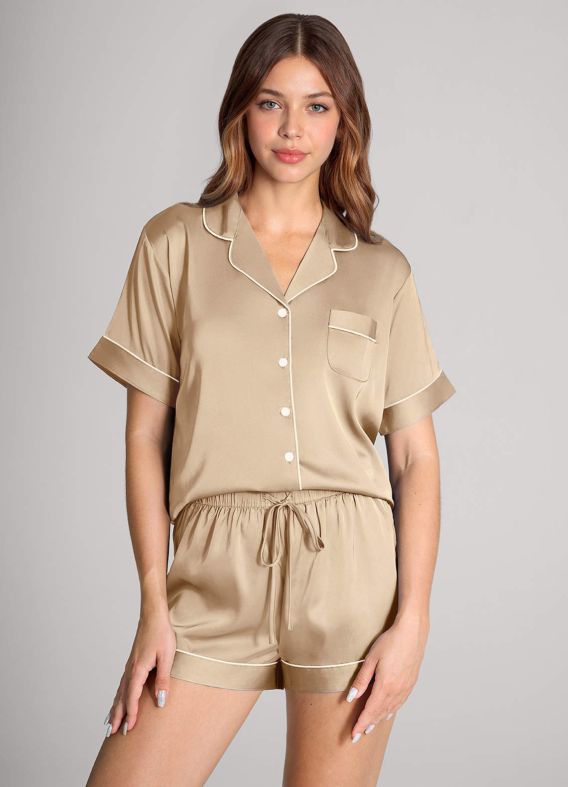 front Satin Contrast Piping Pajama Set