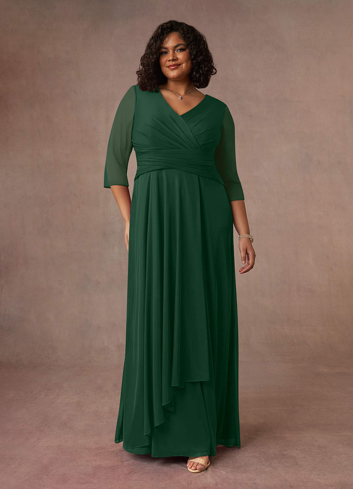 Azazie Annetta Dark Green A-Line V-Neck Pleated Mesh Dress | Azazie