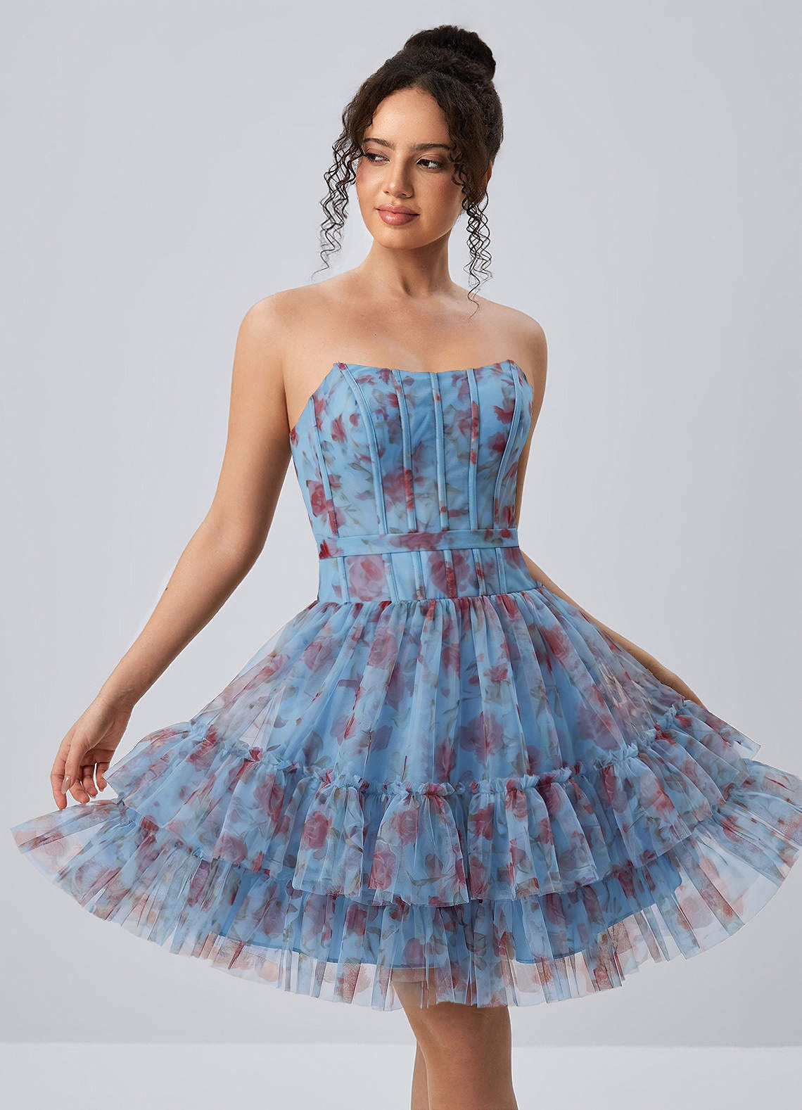 Mapalo Blue Corset Print Tulle Ruffles A Line Mini Dress