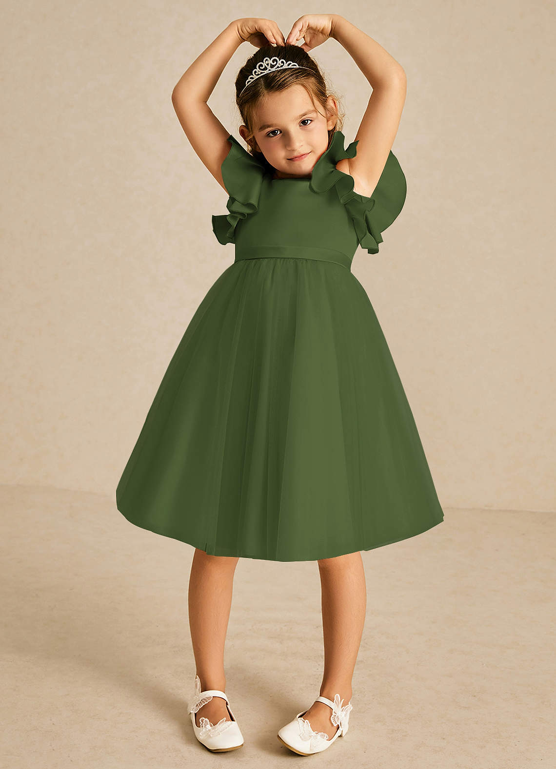 Azazie Kaeya Flower Girl Dresses Olive A-Line Bow Tulle Dress image2