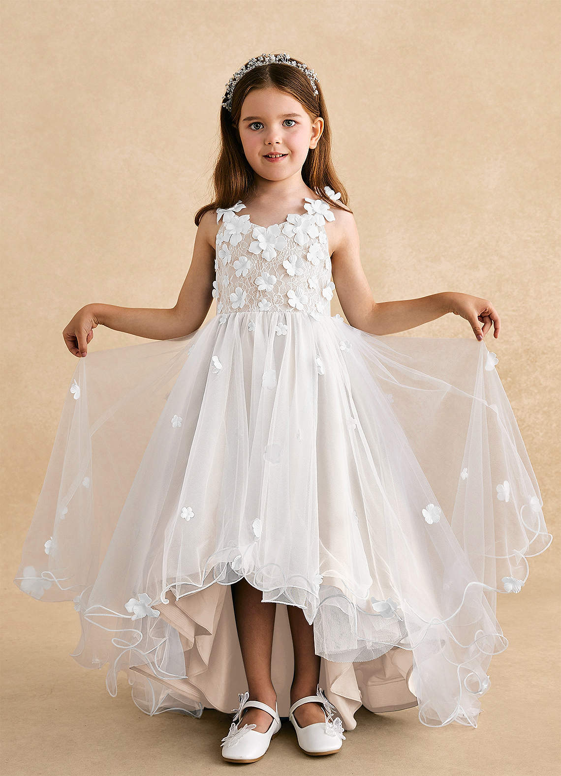Azazie Celia White Alabaster A-Line Lace Tulle Dress | Azazie CA