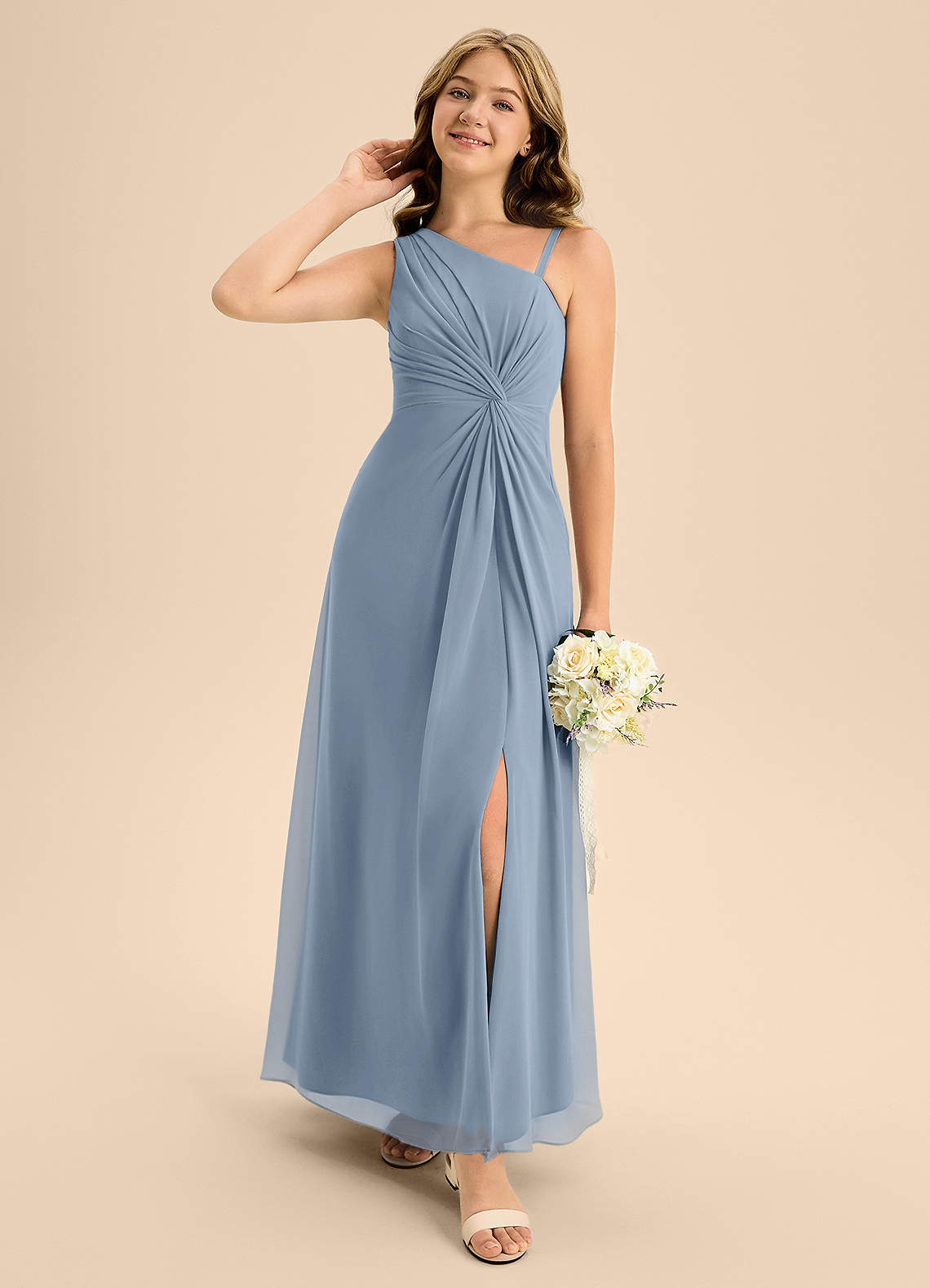 Azazie Brooke Junior Dusty Blue A-Line Side Slit Chiffon Dress image1