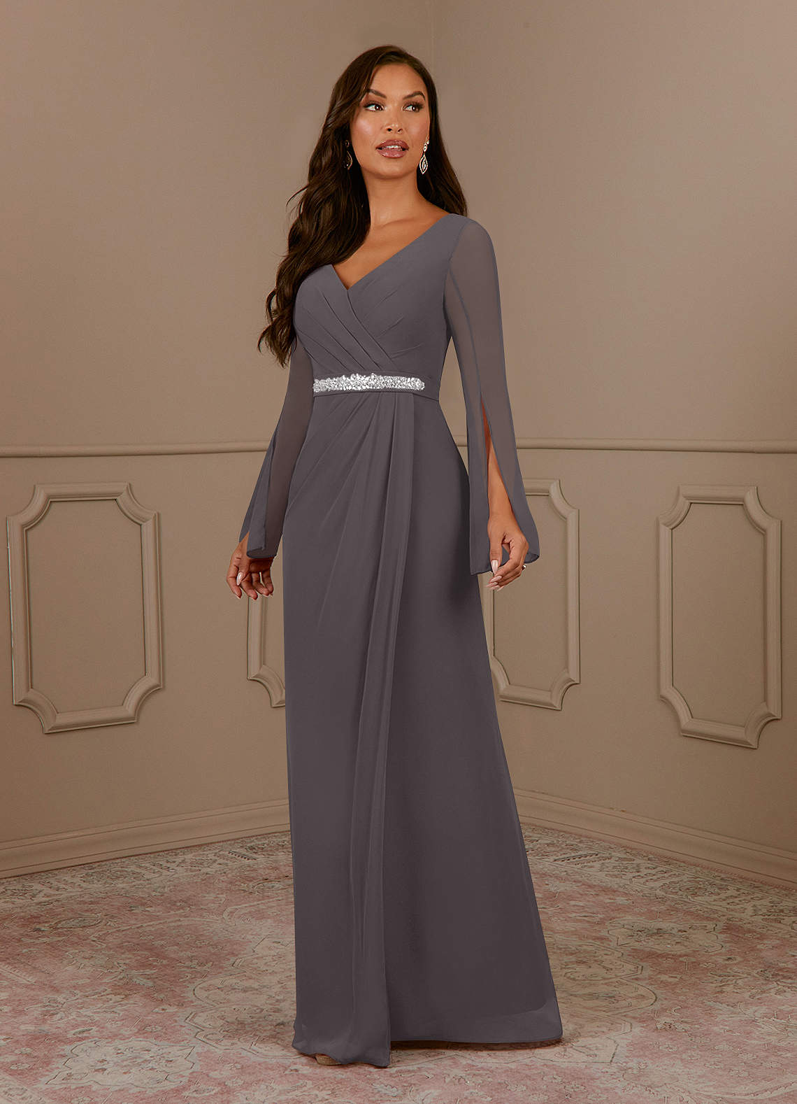 Azazie Belinda Steel Grey A-Line V-Neck Pleated Chiffon