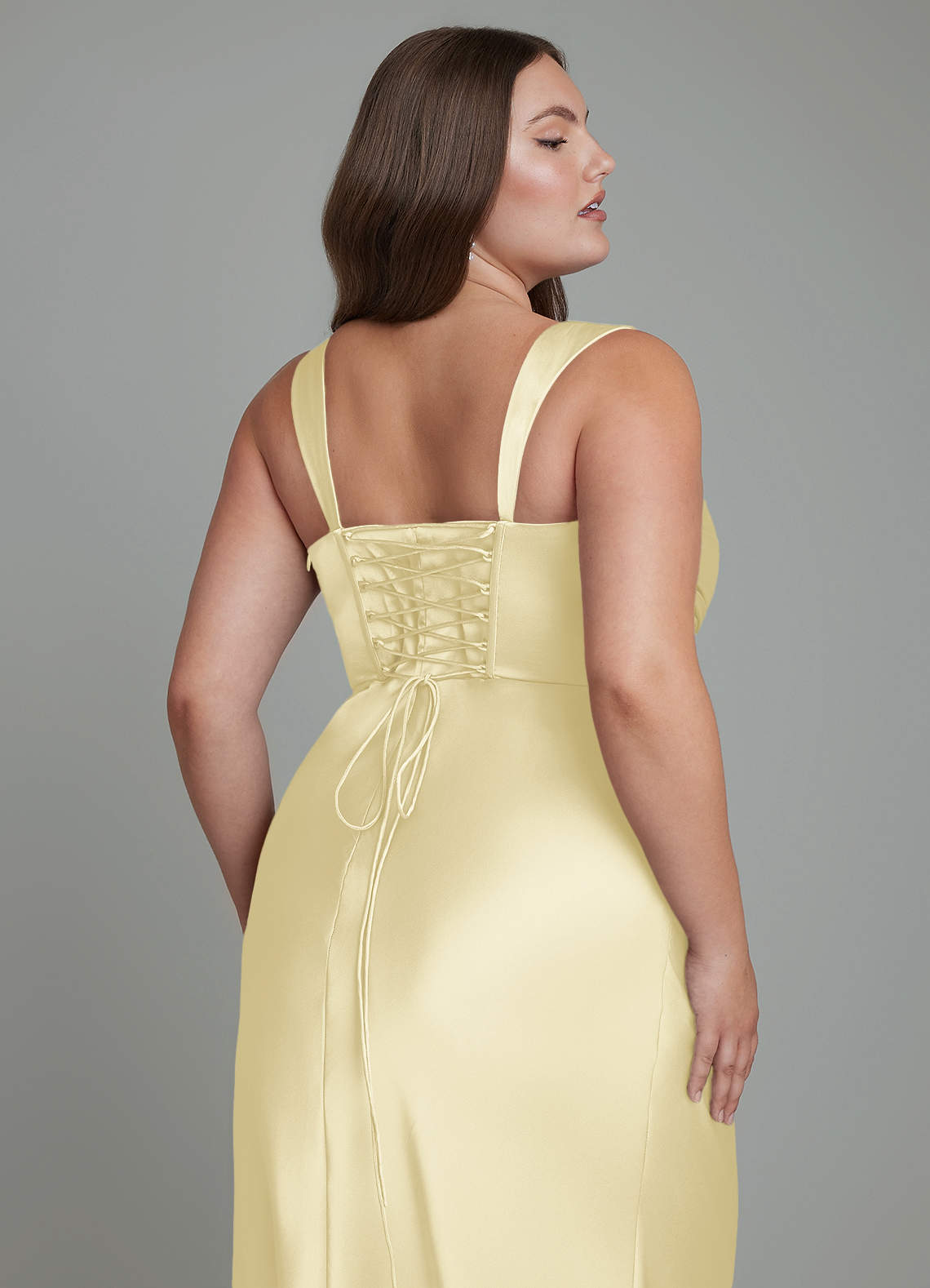 Azazie Agustina At-home Try On Dresses Lemon Sorbet Mermaid Corset Stretch Satin Dress image12